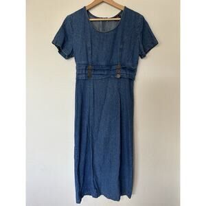 Vintage Route 66 Short Sleeve Blue Denim Maxi Dress M Pencil Gold Button Slit